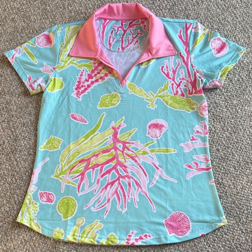 Women's Pink and Green Coral Print Polo Shirt